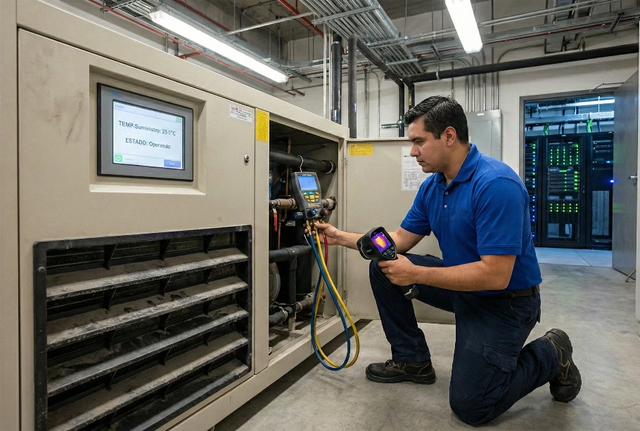 Técnico de mantenimiento realizando diagnóstico con cámara termográfica y manómetros en una unidad de aire acondicionado de precisión en un centro de datos activo.