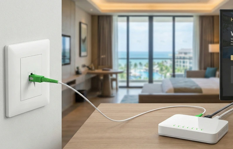 Dispositivo ONT de red GPON con fibra óptica instalado en un escritorio de habitación de hotel de lujo con vista al mar.