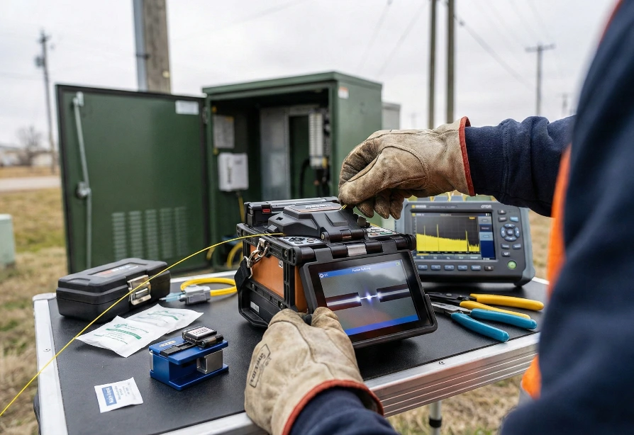 Técnico profesional realizando un empalme por fusión de fibra óptica en campo con equipo de precisión y un OTDR para certificación al aire libre.